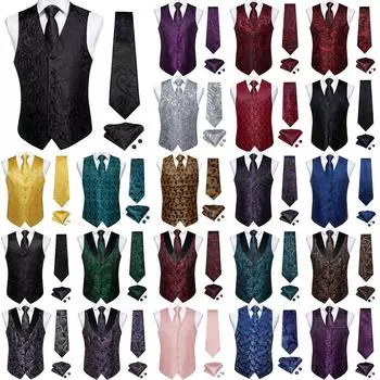 Мужской костюм, жилет, свадебный черный, синий, красный, жилет с узором пейсли и галстуком, комплект носового платка с цветочным принтом