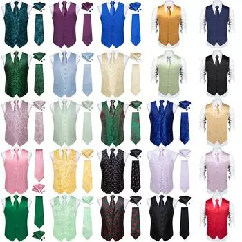 Мужской костюм, жилет, свадебный черный, синий, красный, жилет с узором пейсли и галстуком, комплект носового платка с цветочным принтом S