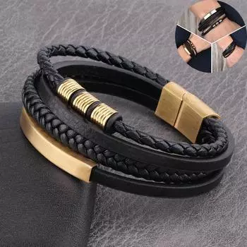 Мужской кожаный браслет из нержавеющей стали 19/20/22 см, модные многослойные плетеные украшения для мальчиков, милые подарки 19cm чёрный