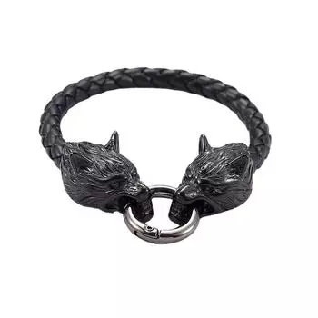Мужской кожаный браслет из нержавеющей стали Браслет с головой волка викинга 23CM