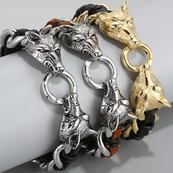 Мужской кожаный браслет в стиле панк-волчьей головы, плетеная цепочка ручной работы из нержавеющей стали и коровьей кожи, мужской заводской браслет 21CM