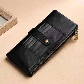 Мужской кожаный кошелек с длинной застежкой-молнией и пряжкой, многофункциональный клатч для отдыха чёрный