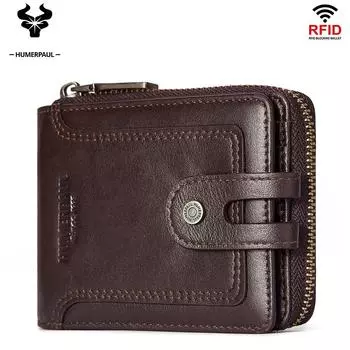 Мужской кожаный кошелек с защитой от скимминга, зернистая воловья кожа, небольшой кошелек для мелочи на молнии, винтажные кожаные аксессуары в европейском и американском стиле для мужчин