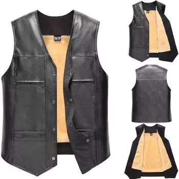 Мужской кожаный осенне-зимний повседневный жилет с карманами и цветным жилетом, куртка, топ XXL чёрный