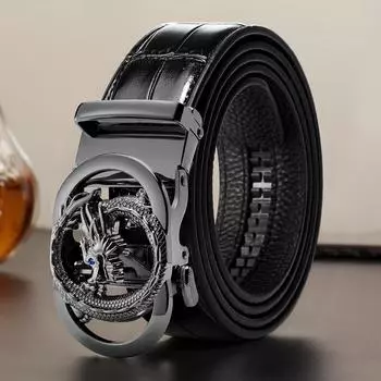 Мужской кожаный ремень с автоматической кожаной пряжкой, ремень с петлей в виде дракона, первый слой из воловьей кожи с узором крокодила 115cm