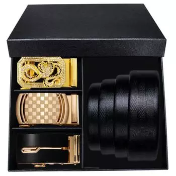 Мужской кожаный ремень с храповым механизмом, 4 шт., автоматическая пряжка и 1 регулируемый ремень, дизайнерский ремень, модный бизнес с коробкой 110cm/43in чёрный