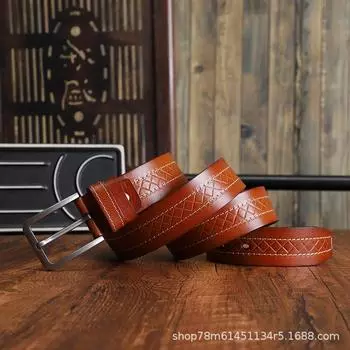 Мужской кожаный ремень с пряжкой, повседневный, ретро, простой, универсальный, джинсовый, тисненый, с надписью «Car Line», первый слой ремня 105cm светло-коричневого