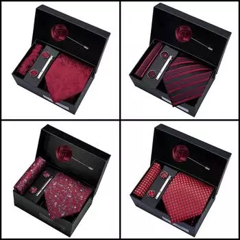 Мужской красный бордовый галстук, носовой платок, запонки, бутоньерка, зажим для галстука с подарочной коробкой для свадебной вечеринки, свиданий 5068