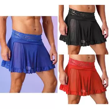 Мужской кружевной пояс с цветочным принтом, прозрачная сетчатая юбка с оборками, пляжная одежда, мини-юбка с высокой талией и стринги L