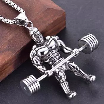 Мужской кулон для фитнеса Геркулес Штанга Подвеска для тяжелой атлетики Ожерелье 50CM золотой