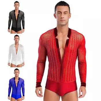 Мужской латиноамериканский танцевальный костюм из прозрачной сетки с длинным рукавом и глубоким V-образным вырезом, вельветовый пэчворк со стразами для выступлений в бальных танцах M