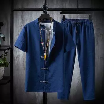 Мужской летний хлопково-льняной костюм, рубашка с короткими рукавами + брюки, комплект из 2 предметов 5XL белый