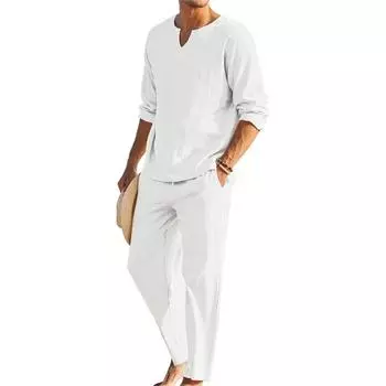 Мужской летний хлопковый льняной однотонный свободный костюм с V-образным вырезом и длинными рукавами и брюками M белый