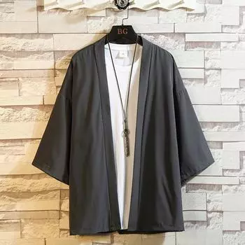 Мужской летний кардиган с рукавами из семи частей, японская юката, традиционная японская одежда, однотонный повседневный топ 5XL чёрный