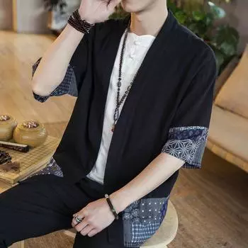 Мужской летний кардиган, свободная хлопково-льняная рубашка с рукавом семь четвертей, легкая куртка XXXXXL чёрный