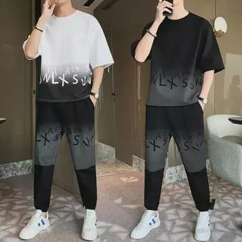 Мужской летний комплект футболок с коротким рукавом 2023 г.: Модный спортивный наряд в корейском стиле 2XL белый