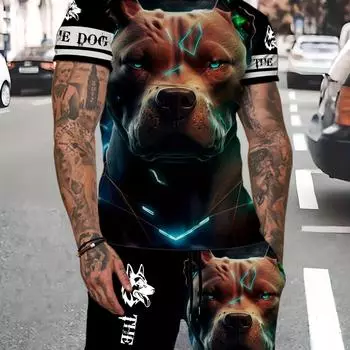 Мужской летний комплект из 2 предметов с ярким собачьим принтом — футболка и шорты с 3D-графикой — повседневный комфорт для развлечений на свежем воздухе S