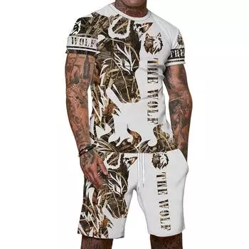 Мужской летний комплект из двух частей: футболка с коротким рукавом с 3D-принтом и шорты на шнурке, пляжные шорты, спортивный комплект для тренировок и фитнеса L