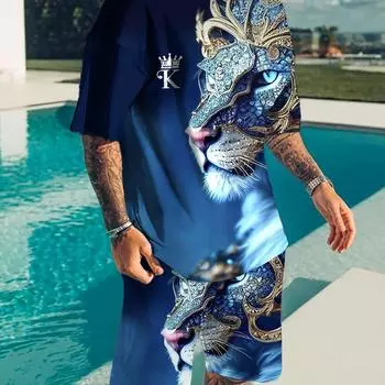 Мужской летний комплект из двух предметов с ярким львиным принтом — удобная футболка с круглым вырезом с короткими рукавами и подходящие шорты — повседневная и стильная одежда для теплой погоды S