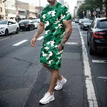 Мужской летний комплект из двух предметов в стиле ретро в стиле милитари, мужская футболка с короткими рукавами и модные шорты, дорожный уличный комплект M