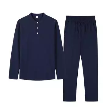 Мужской летний комплект из хлопка, льна, однотонного свободного цвета, с карманами, воротником на пуговицах, длинными рукавами и брюками XXXL тёмно-синий