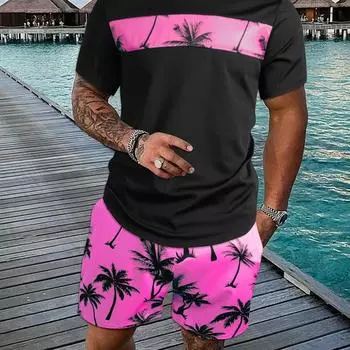 Мужской летний комплект из шорт с короткими рукавами и тропическим принтом кокосовой пальмы. Летняя мужская футболка с круглым вырезом и короткий комплект на шнурке. S