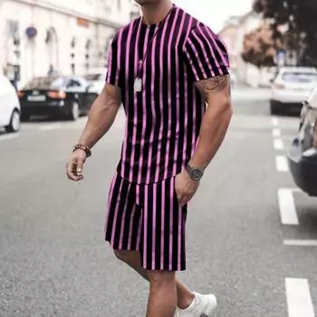 Мужской летний комплект одежды из двух предметов в полоску: мужская футболка с коротким рукавом и повседневные шорты с карманами S