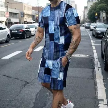 Мужской летний комплект одежды из двух предметов с принтом в стиле пэчворк, мужская футболка с круглым вырезом с короткими рукавами и шорты на шнурке с карманами S