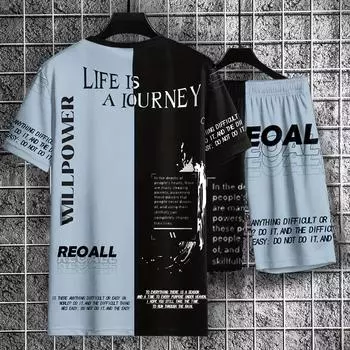 Мужской летний комплект одежды из двух предметов с буквенным принтом, мужская футболка с круглым вырезом с короткими рукавами и шорты на шнурке с карманами S