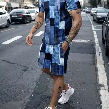 Мужской летний комплект одежды из двух предметов в стиле пэчворк с геометрическим принтом: футболка с круглым вырезом и шорты на шнурке с карманами, слегка эластичные, можно стирать в машине L