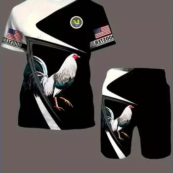 Мужской летний комплект одежды из двух предметов с принтом петуха, футболка с круглым вырезом с короткими рукавами и шорты на шнурке с карманами L