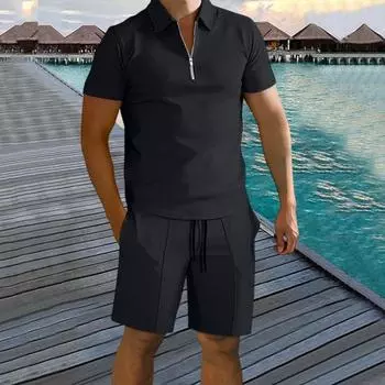 Мужской летний комплект с рубашкой и шортами. Универсальный повседневный спортивный костюм для всех типов телосложения. Идеально подходит для любого случая. Удобный стильный. 2XL чёрный