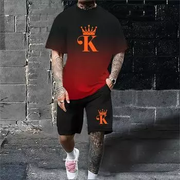 Мужской летний комплект свободного размера с принтом в виде буквы K и объемным рисунком, повседневный и удобный, с круглым вырезом и коротким рукавом, футболка y2k S