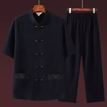 Мужской летний комплект тайцзи в китайском стиле для людей среднего и пожилого возраста, комплект из двух предметов: топ с короткими рукавами и брюки 44