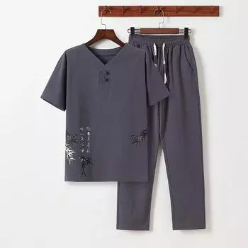 Мужской летний комплект в китайском стиле, стильный и удобный, футболка с короткими рукавами + брюки, комплект из двух предметов 5XL серый