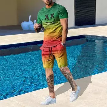 Мужской летний костюм больших размеров, шорты с короткими рукавами и круглым вырезом, свободный мужской повседневный спортивный комплект с 3D принтом S