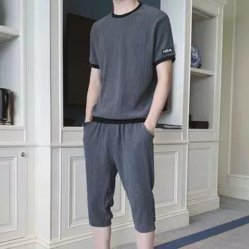 Мужской летний костюм из ледяного шелка больших размеров, свободный спортивный костюм для отдыха, мужские брюки с короткими рукавами, комплект из двух предметов XXXXXL белый