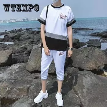 Мужской летний костюм, мужская корейская футболка с коротким рукавом, летний мужской повседневный спортивный костюм XXXL