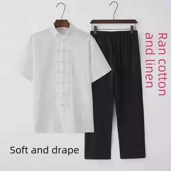 Мужской летний костюм Тан с короткими рукавами из хлопка и льна - китайский стиль Ханьфу для людей среднего и пожилого возраста 170/L [Recommended 95-110 jin]