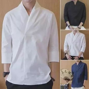 Мужской летний костюм в китайском стиле Тан: Топ ханьфу с короткими рукавами для медитации, чаепития и повседневной носки 2XL for 135-150 jin