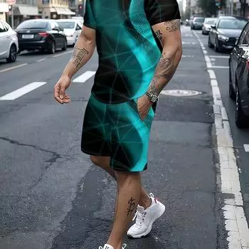 Мужской летний модный комплект из 2 предметов — футболка и шорты в смелую полоску — мягкая смесь хлопка, удобная и стильная для повседневной повседневной носки S