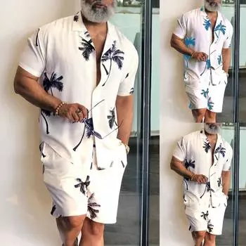 Мужской летний модный повседневный трендовый принт с пальмовым цветочным принтом, пляжный костюм с коротким рукавом