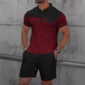 Мужской летний молодежный вафельный комплект рубашки-поло с коротким рукавом на пуговицах с лацканами, с ложным карманом, приталенного кроя S