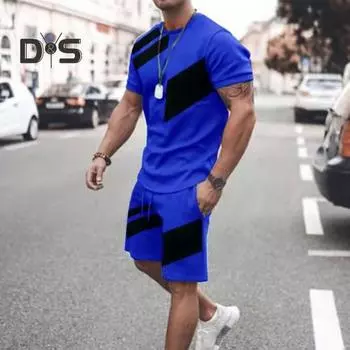 Мужской летний наряд из 2 шт./компл., футболка с круглым вырезом и коротким рукавом, эластичный шнурок на талии, шорты с карманами, комплект, спортивный костюм цветных блоков M синий