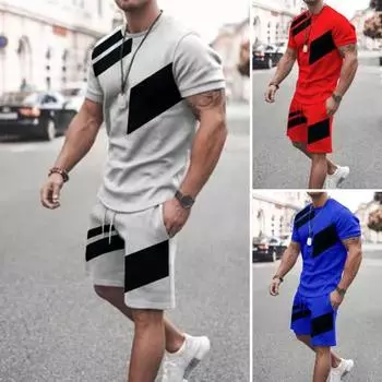 Мужской летний наряд из 2 шт./компл., футболка с круглым вырезом и коротким рукавом, эластичный шнурок на талии, шорты с карманами, комплект, спортивный костюм цветных блоков