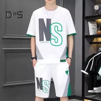 Мужской летний наряд из 2 шт./компл., футболка с коротким рукавом и круглым вырезом с эластичной резинкой на талии, широкие шорты с карманами, комплект с буквенным принтом, свободная спортивная экипировка L серый