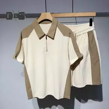 Мужской летний наряд из 2 шт./компл., рубашка с коротким рукавом с лацканами и застежкой-молнией, эластичная талия, регулируемый шнурок, широкие шорты, комплект в стиле пэчворк, цвет L чёрный