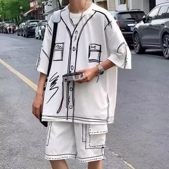 Мужской летний наряд из 2 шт./компл., футболка с короткими рукавами и круглым вырезом, эластичная резинка на талии, широкие шорты, комплект свободного кроя, спортивный костюм с принтом граффити XL чёрный