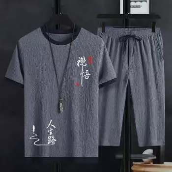Мужской летний наряд из 2 шт./компл. с круглым вырезом и коротким рукавом, футболка с китайским иероглифом и принтом, эластичная талия, регулируемый шнурок, укороченные брюки, комплект из ледяного шелка M чёрный