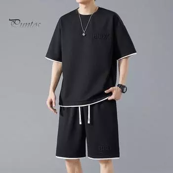 Мужской летний наряд из 2 шт./компл., футболка с коротким рукавом и круглым вырезом, эластичная талия, регулируемый шнурок, широкие шорты, комплект, спортивный костюм из двух предметов 2XL бежевый